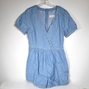 NWT Madewell Blue Denim Romper Sz 8 Short Sleeve V-Neck Zipper Back Pockets
